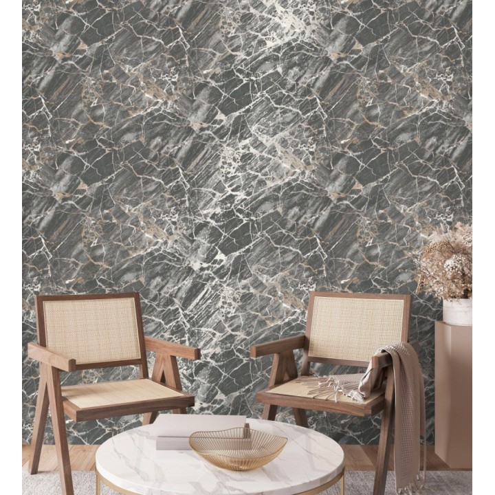 Papel pintado de mármol gris oscuro con betas color cobre metalizado - Bertoni 682385