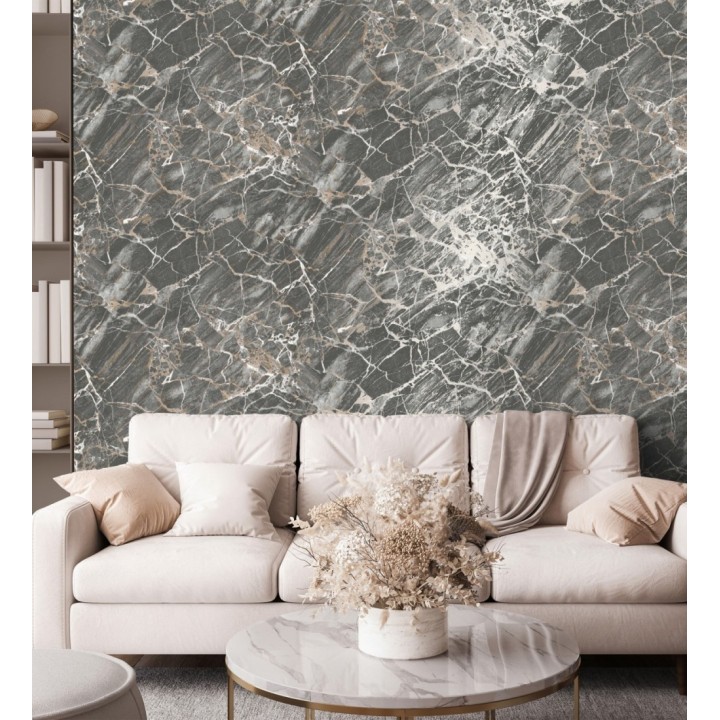 Papel pintado de mármol gris oscuro con betas color cobre metalizado - Bertoni 682385