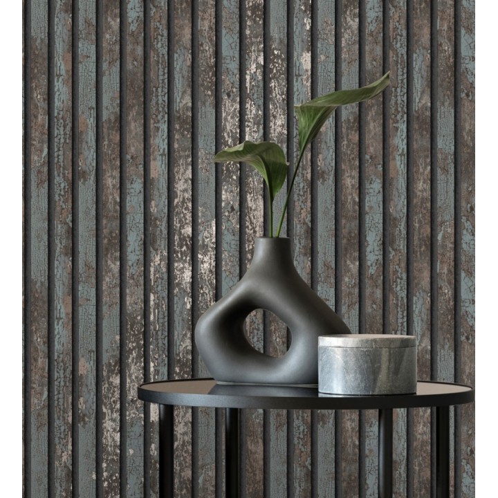 Papel pintado efecto listones de madera envejecida con detalles metalizados - Oslo Lattes 682386