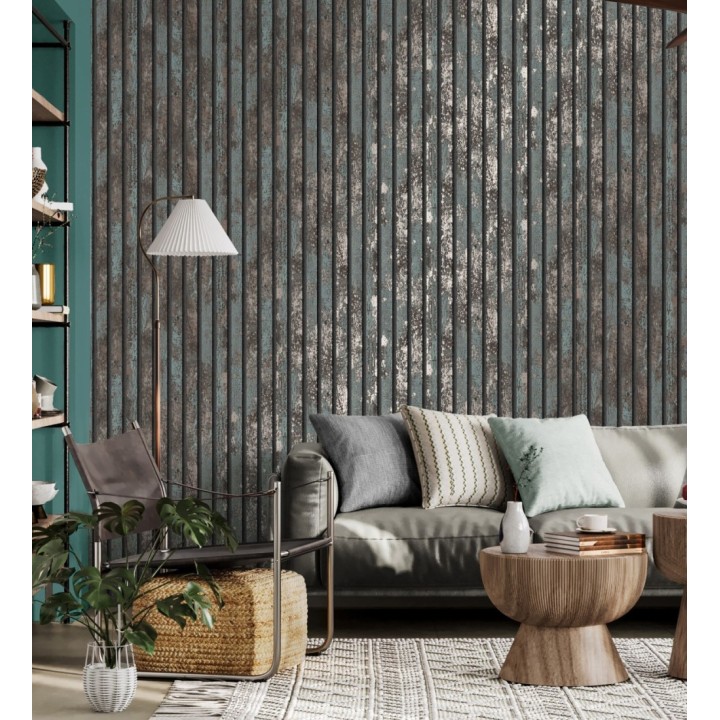 Papel pintado efecto listones de madera envejecida con detalles metalizados - Oslo Lattes 682386