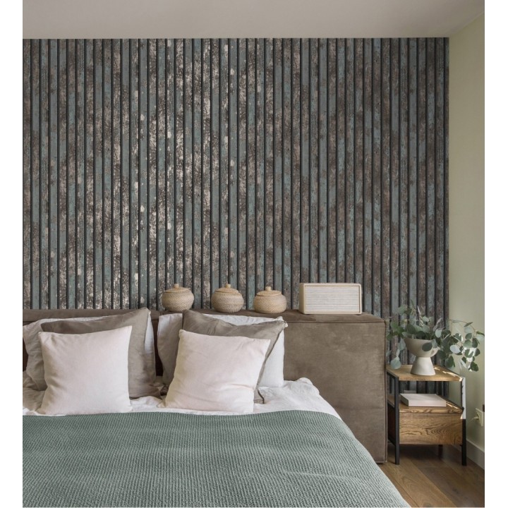 Papel pintado efecto listones de madera envejecida con detalles metalizados - Oslo Lattes 682386