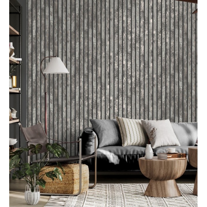 Papel pintado efecto listones de madera envejecida con detalles metalizados - Oslo Lattes 682387