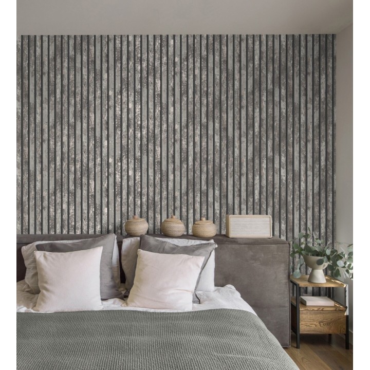 Papel pintado efecto listones de madera envejecida con detalles metalizados - Oslo Lattes 682387