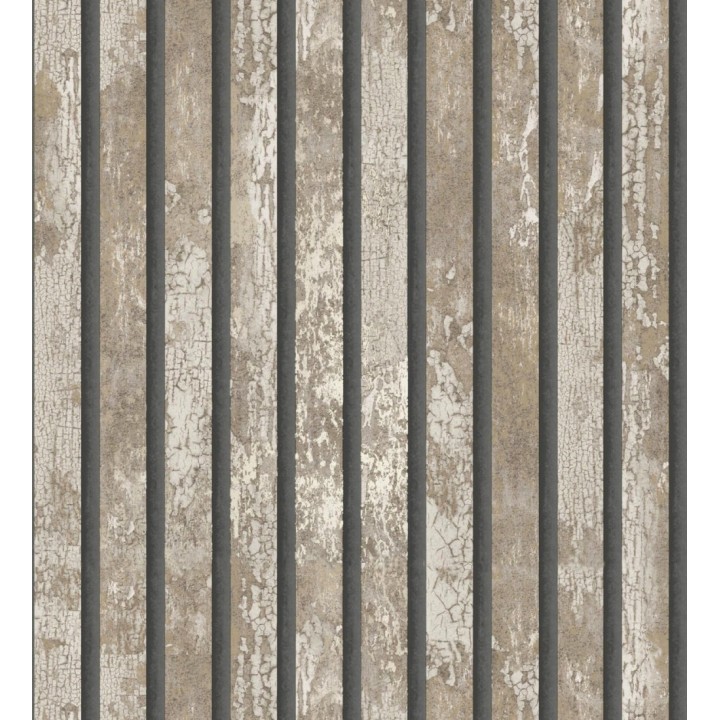 Papel pintado efecto listones de madera envejecida con detalles metalizados - Oslo Lattes 682388