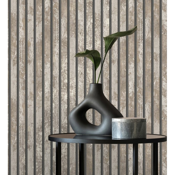 Papel pintado efecto listones de madera envejecida con detalles metalizados - Oslo Lattes 682388