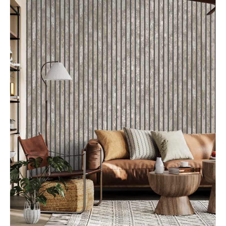 Papel pintado efecto listones de madera envejecida con detalles metalizados - Oslo Lattes 682388