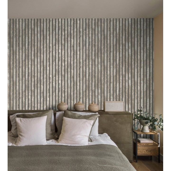 Papel pintado efecto listones de madera envejecida con detalles metalizados - Oslo Lattes 682388