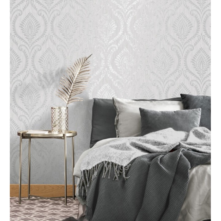 Papel pintado de damasco metalizado elegante y moderno fondo gris claro - Victorian Velvet 682389