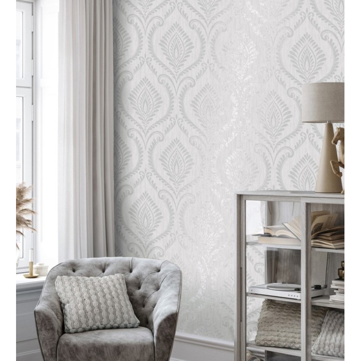 Papel pintado de damasco metalizado elegante y moderno fondo gris claro - Victorian Velvet 682389