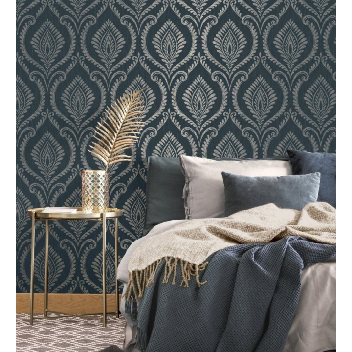 Papel pintado de damasco metalizado elegante y moderno fondo azul oscuro - Victorian Velvet 682391