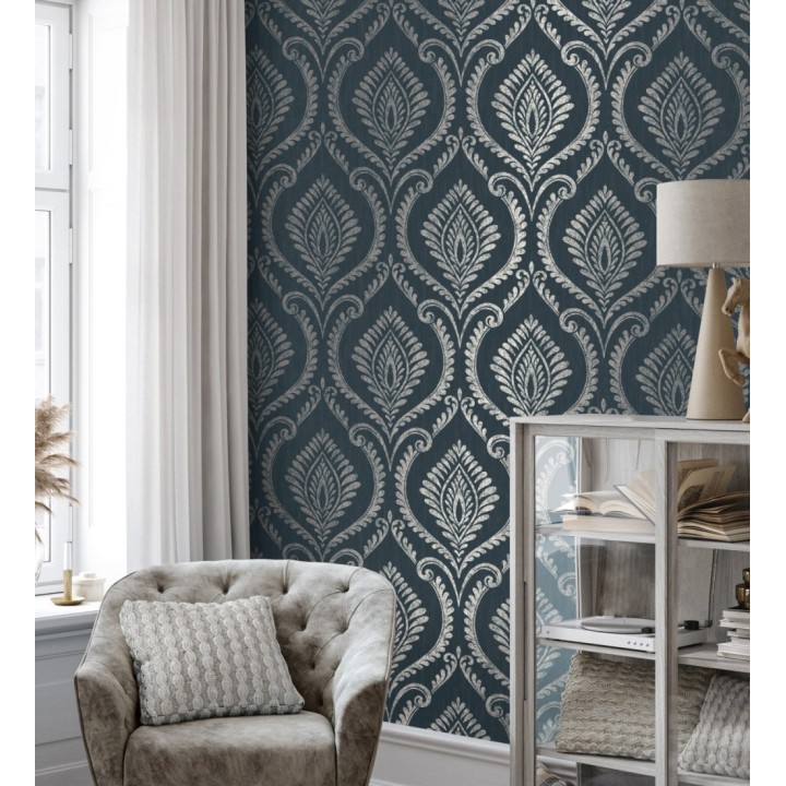 Papel pintado de damasco metalizado elegante y moderno fondo azul oscuro - Victorian Velvet 682391