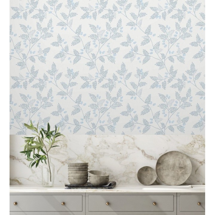 Papel pintado con hojas de helecho grises y azul - Kimberly 682408