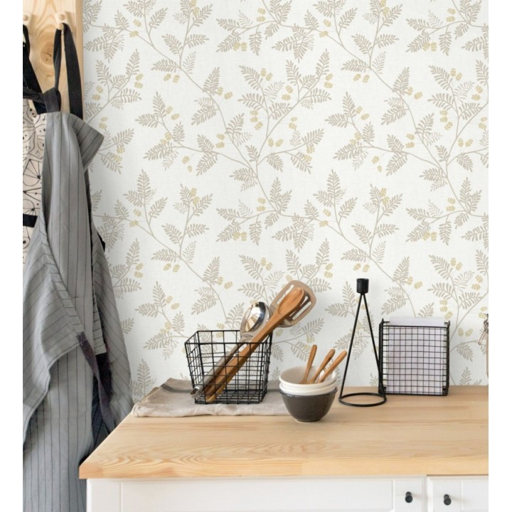 Papel pintado de hojas beige y ocre - Kimberly 682409