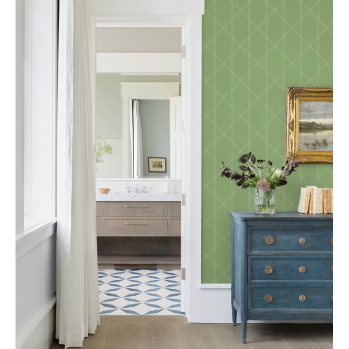Papel pintado de rombos imitación tela cosida verde - Derek 682411