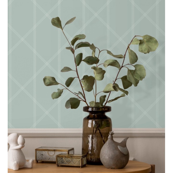 Papel pintado de rombos imitación tela cosida verde agua - Derek 682412