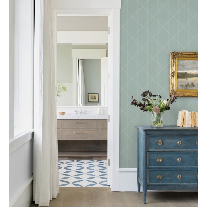 Papel pintado de rombos imitación tela cosida verde agua - Derek 682412