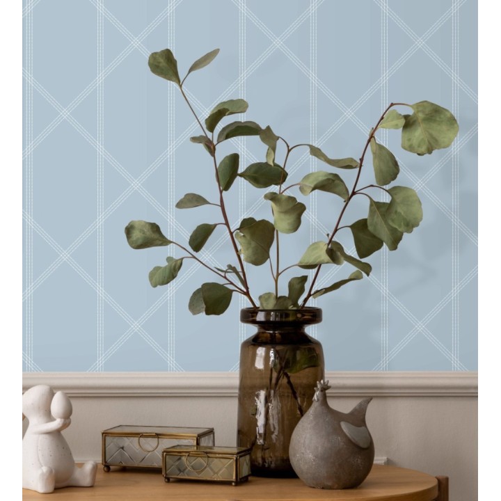 Papel pintado de rombos imitación tela cosida celeste - Derek 682413