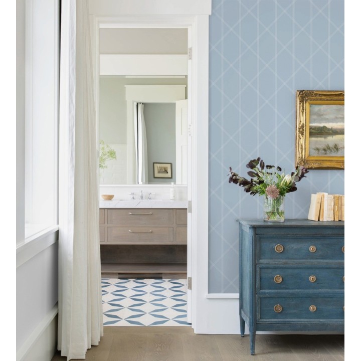 Papel pintado de rombos imitación tela cosida celeste - Derek 682413