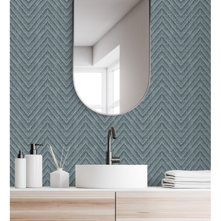 Papel pintado de espigas efecto fibra vegetal tonos azul petróleo - Mumbai Wide 682460