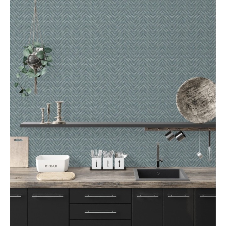 Papel pintado de espigas efecto fibra vegetal tonos azul petróleo - Mumbai Wide 682460