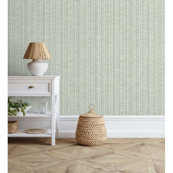 Papel pintado imitación tela jacquard de rayas verde - Leeds 682461