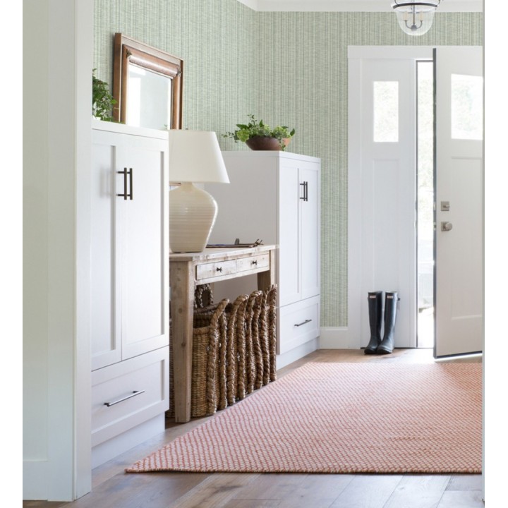 Papel pintado imitación tela jacquard de rayas verde - Leeds 682461