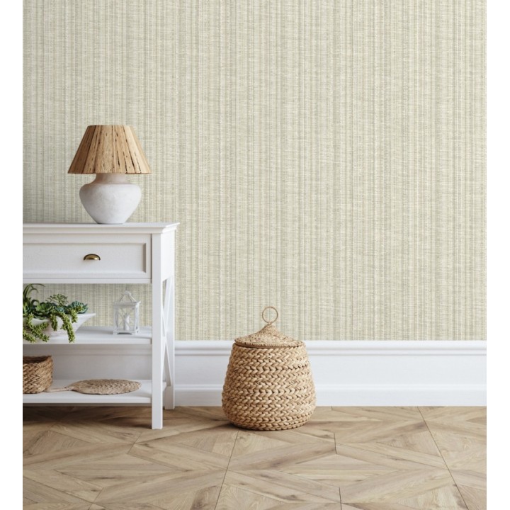 Papel pintado imitación tela jacquard de rayas beige tostado - Leeds 682464