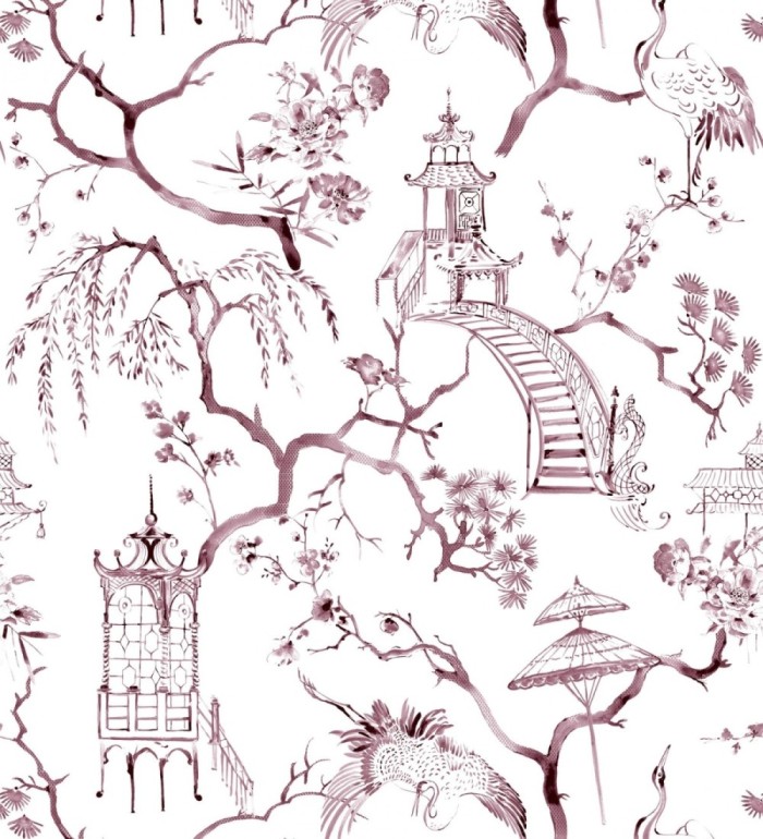 Papel pintado toile de jouy japonés tinte rojo purpúreo - Misawa 682477