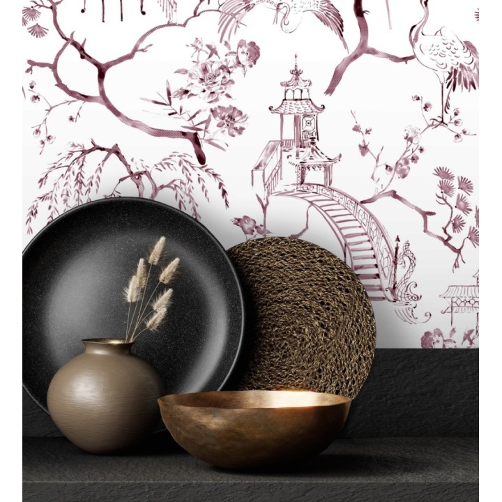 Papel pintado toile de jouy japonés tinte rojo purpúreo - Misawa 682477