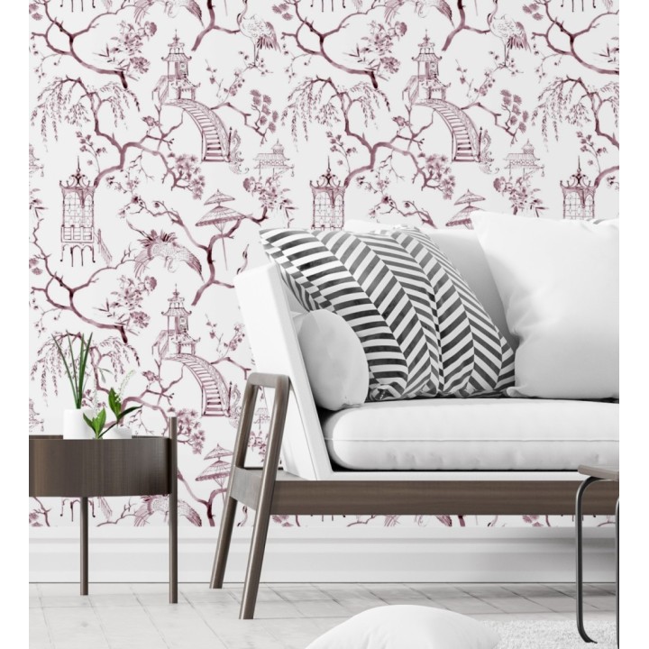 Papel pintado toile de jouy japonés tinte rojo purpúreo - Misawa 682477
