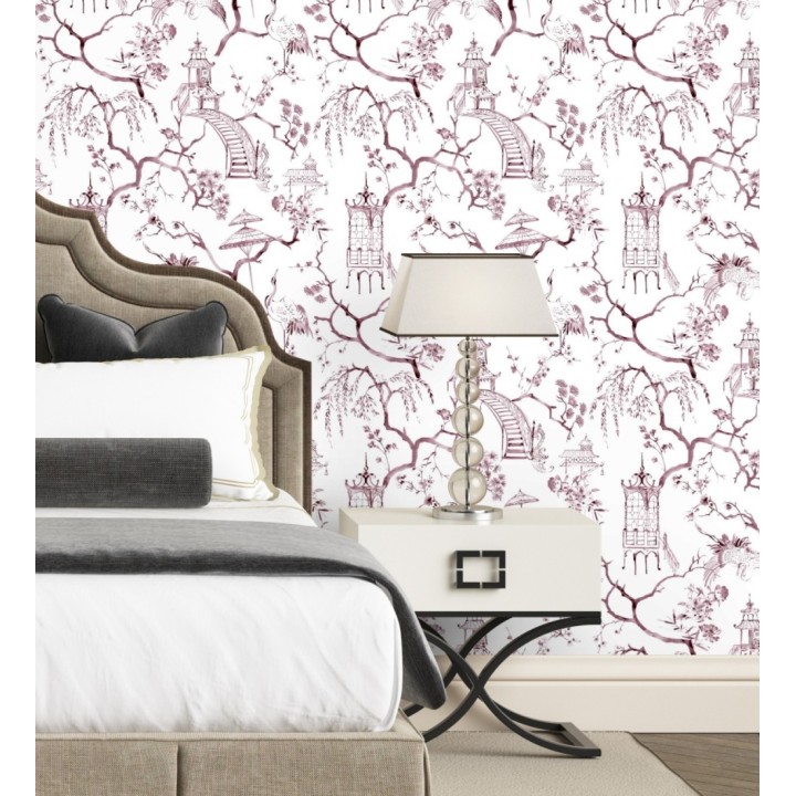 Papel pintado toile de jouy japonés tinte rojo purpúreo - Misawa 682477