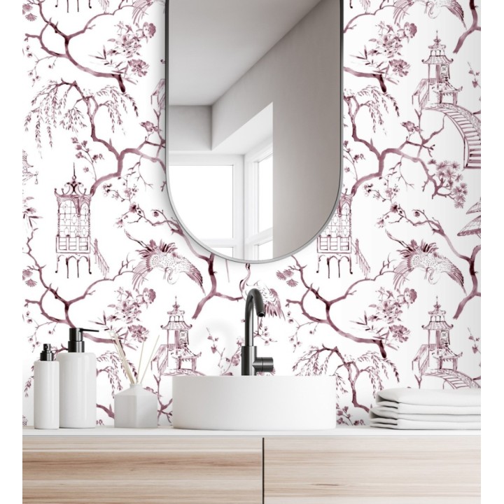 Papel pintado toile de jouy japonés tinte rojo purpúreo - Misawa 682477