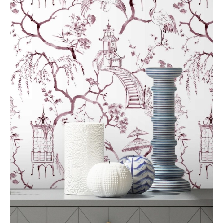 Papel pintado toile de jouy japonés tinte rojo purpúreo - Misawa 682477