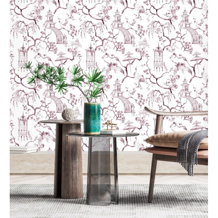 Papel pintado toile de jouy japonés tinte rojo purpúreo - Misawa 682477