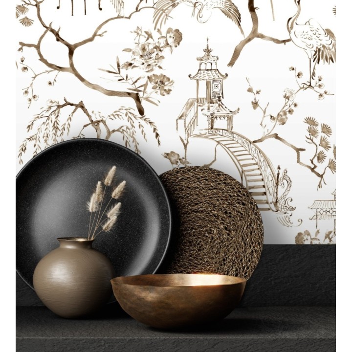 Papel pintado toile de jouy japonés tinte marrón - Misawa 682478