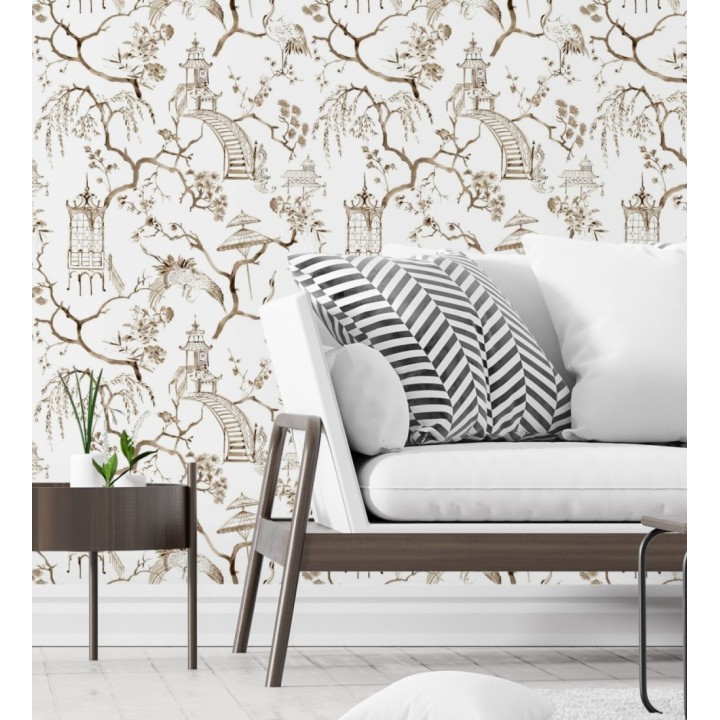 Papel pintado toile de jouy japonés tinte marrón - Misawa 682478