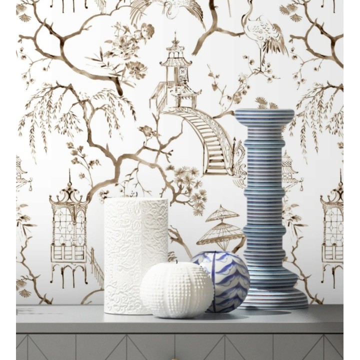 Papel pintado toile de jouy japonés tinte marrón - Misawa 682478