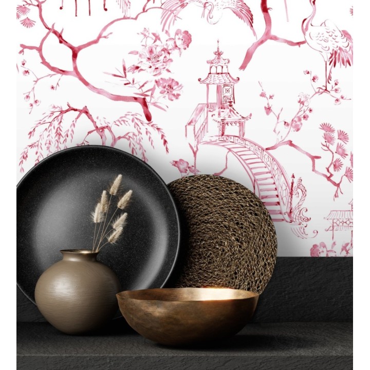 Papel pintado toile de jouy japonés tinte rojo - Misawa 682479