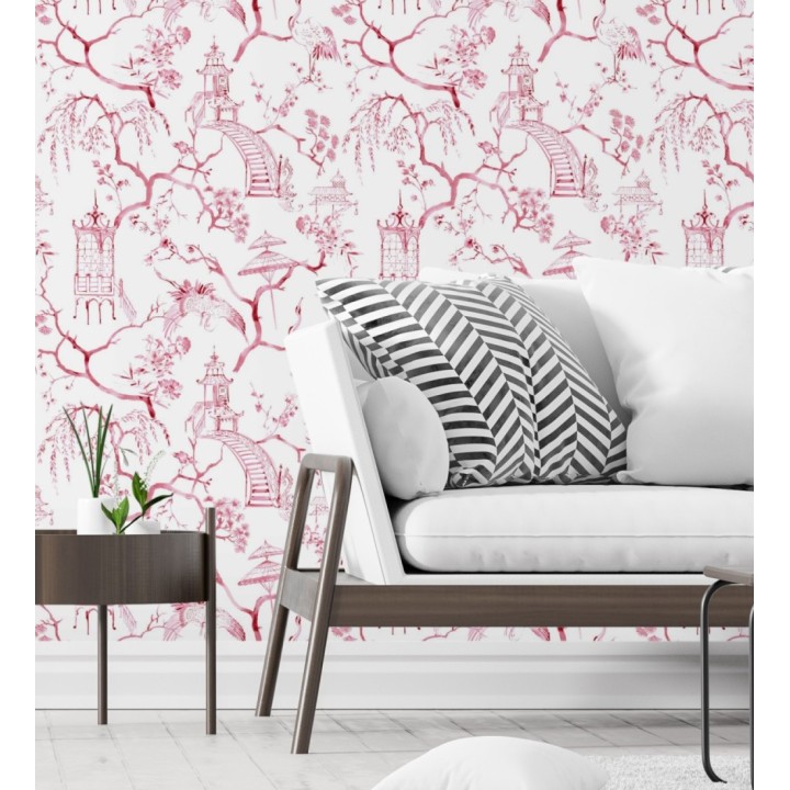 Papel pintado toile de jouy japonés tinte rojo - Misawa 682479