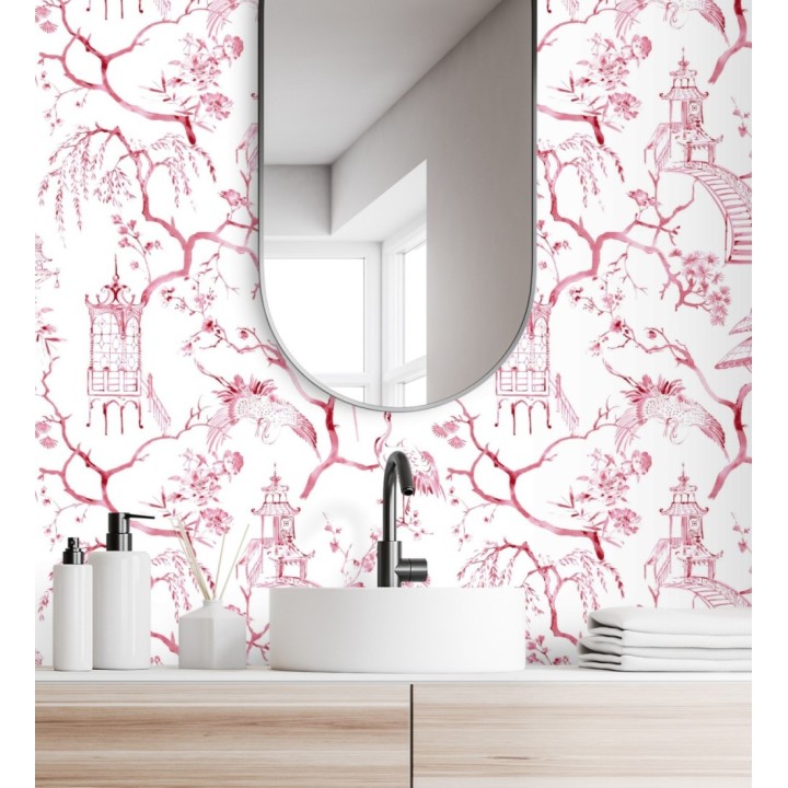 Papel pintado toile de jouy japonés tinte rojo - Misawa 682479