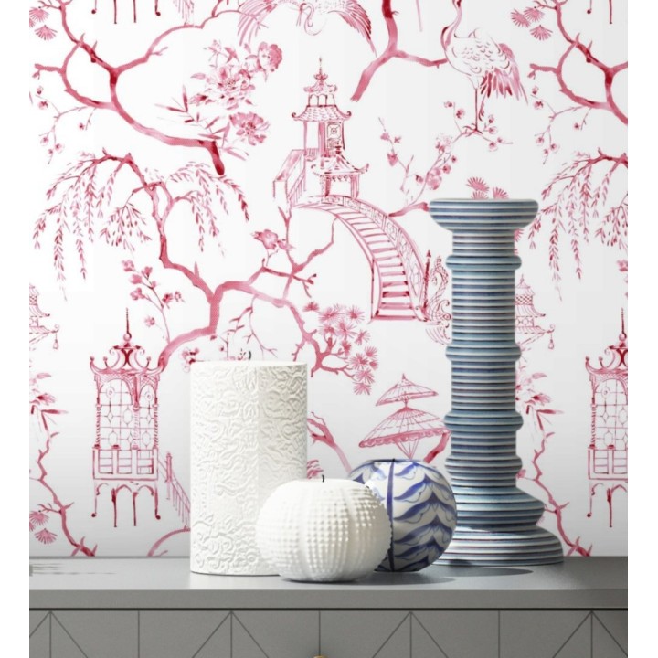 Papel pintado toile de jouy japonés tinte rojo - Misawa 682479