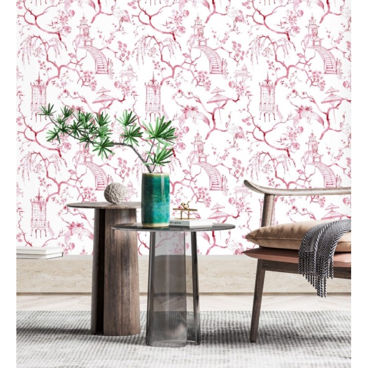 Papel pintado toile de jouy japonés tinte rojo - Misawa 682479