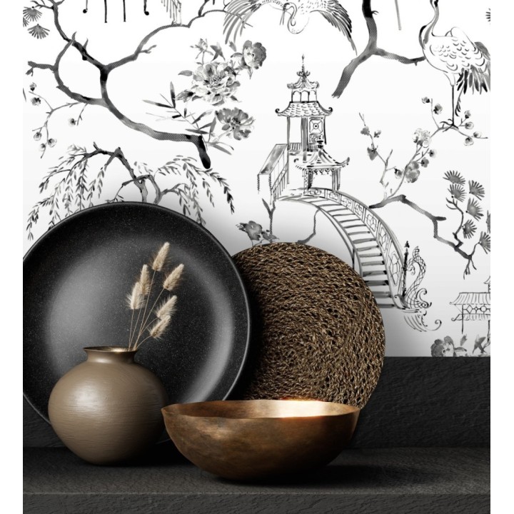 Papel pintado toile de jouy japonés tinte negro - Misawa 682480