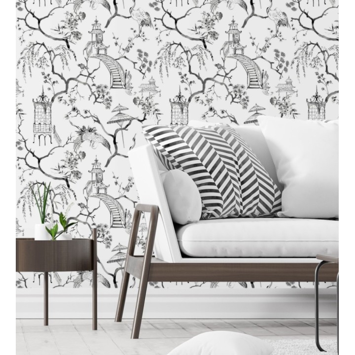 Papel pintado toile de jouy japonés tinte negro - Misawa 682480