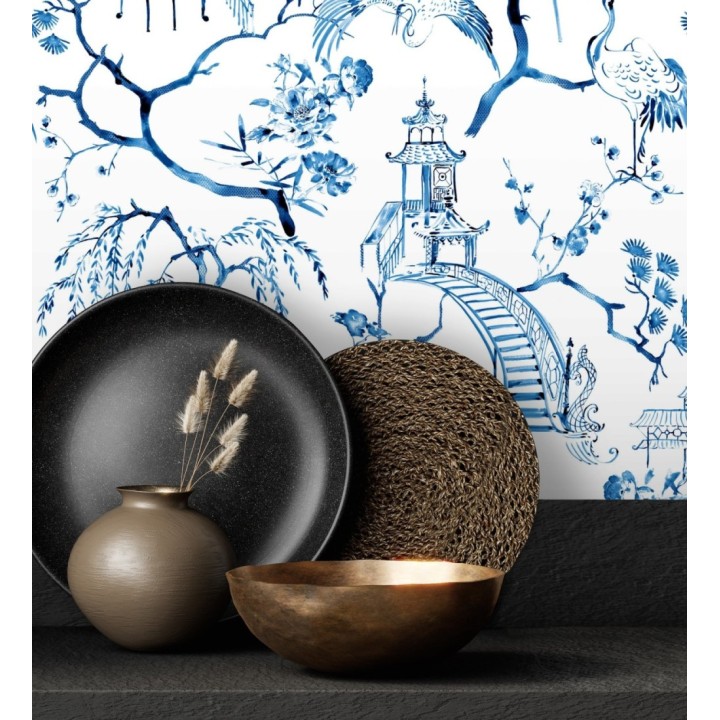 Papel pintado toile de jouy japonés tinte azul - Misawa 682481