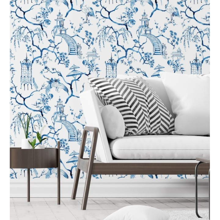 Papel pintado toile de jouy japonés tinte azul - Misawa 682481