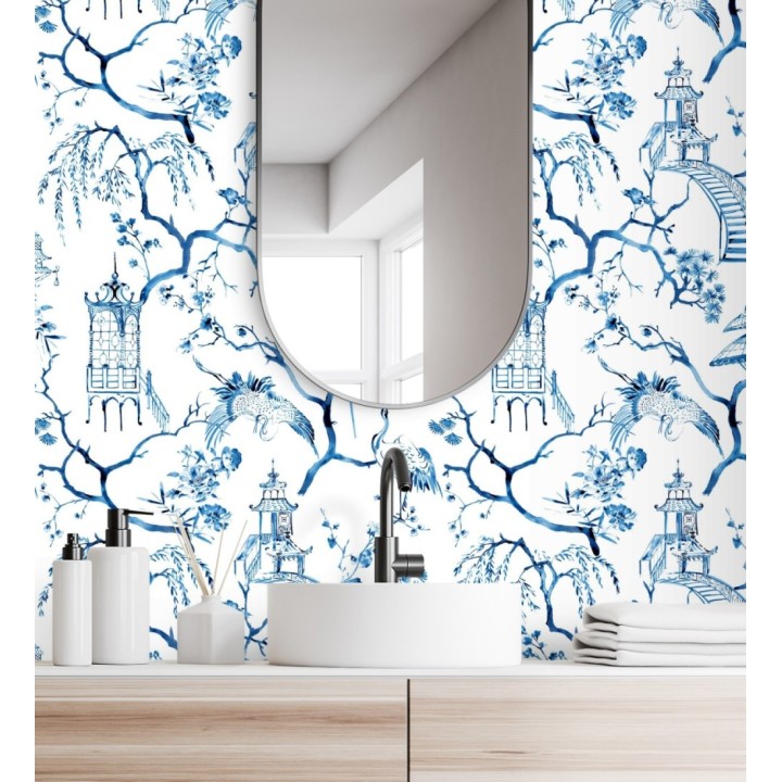Papel pintado toile de jouy japonés tinte azul - Misawa 682481