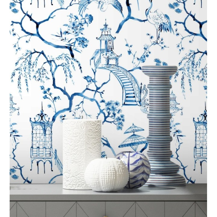 Papel pintado toile de jouy japonés tinte azul - Misawa 682481