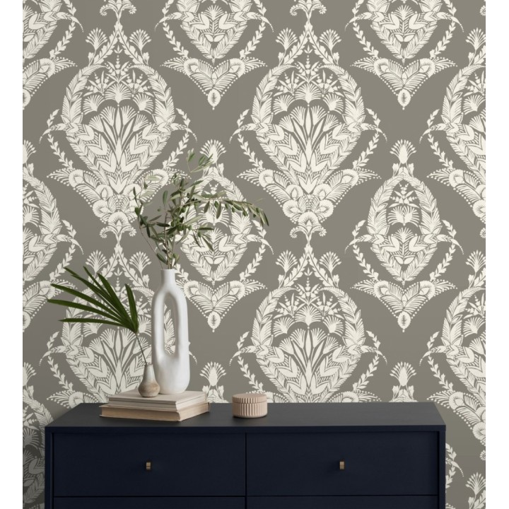 Papel pintado ornamental estilo inglés color visón - Aruna 682487