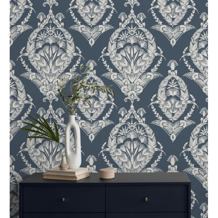 Papel pintado ornamental estilo inglés color azul oscuro - Aruna 682488